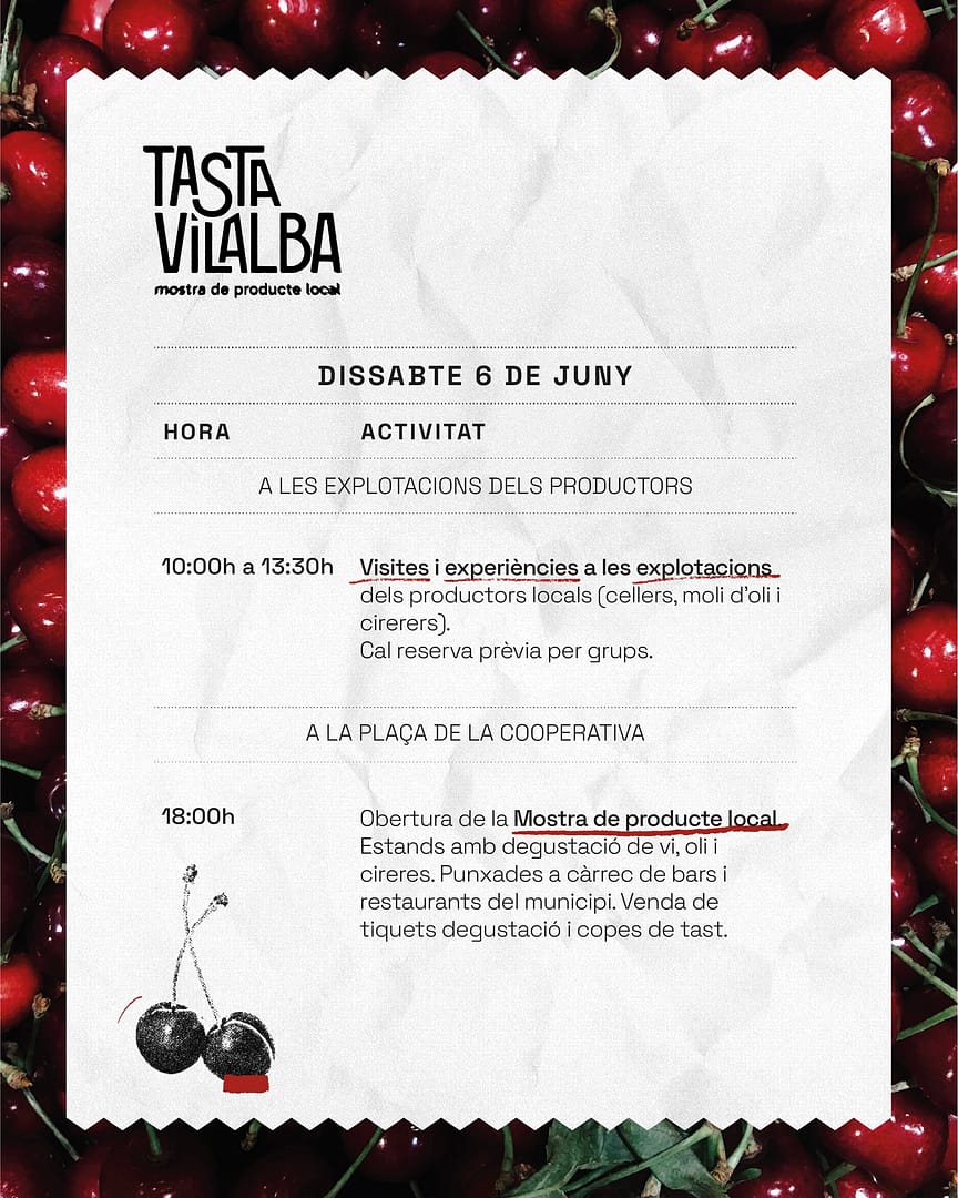 🍒🍷 Hi ha caps de setmana que no s’expliquen… es viuen

I a Vilalba dels Arcs n’hi ha un que cada any es supera.

🤩 Torna Tasta Vilalba. Un cap de setmana on el poble es transforma.

✨On el vi, les cireres i l’oli deixen de ser productes…per convertir-se en experiències.

On passes de tastar… a descobrir.
De passejar… a quedar-te.

✨ Carrers amb vida
🍇 Producte local com a protagonista
🎶 Moments que no esperes… però recordes

No és només una mostra.
És la manera que té Vilalba de compartir el que és.

😏 I aquest any… ve carregat.

💭 Si ja has vingut, saps de què parlem.
Si no… potser és el moment.

📅 5 i 6 de juny, reserva la data.

👇 Comenta si també tens ganes que arribi aquest cap de setmana!

🎟️ Entrades dels concerts disponibles aviat a Ebreticket i a l'Ajuntament.