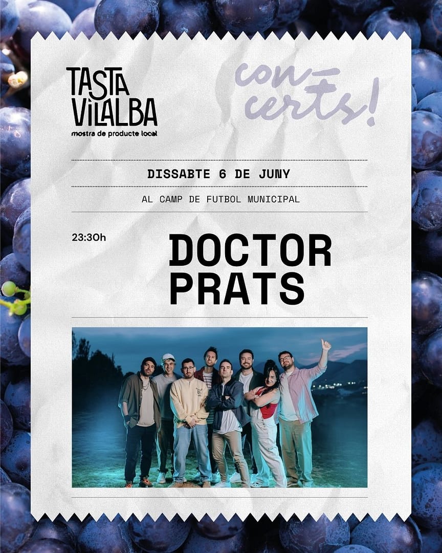 🎶✨ I quan cau la nit… Tasta Vilalba continua

Perquè el dissabte 6 de juny, després d’una tarda plena de vi, gastronomia i ambient… arriba un dels moments més esperats del cap de setmana 😏

🔥 DOCTOR PRATS
🎸 MR. HIGHLAND
🎧 DJ KRISPINIGHT

Una nit per cantar, ballar i acabar Tasta Vilalba com toca.

💭 D’aquells concerts que es recorden per l’ambient, la gent i tot el que es viu entre cançó i cançó.

🗓️ Dissabte 6 de juny
🕦 23:30h
📍 Camp de futbol Municipal

🎟️ ENTRADES CONCERT TASTA VILALBA 2026

👉 Les persones usuàries del carnet Vilalba Activa, hauran d'adquirir l'entrada a la plataforma https://vilalba.cat/app/vilalba-activa/ o les oficines de l'Ajuntament, presentant el carnet.

👦 Menors de 15 anys: 3,00€
🧑 15 anys i més: 7,50€

👉 El públic general (no usuaris del carnet), les podrà adquirir a través de la web https://ebreticket.cat/esdeveniments/concert-tasta-vilalba-2026/

👦 Menors de 15 anys: 6,00€
🧑 15 anys i més: 15,00€

⚠️ IMPORTANT: els menors de 16 anys, hauran d'anar acompanyats d'un adult, el qual haurà de signar una autorització d'accés per a menors de 16 anys, que s'haurà de lliurar abans d'accedir al concert. L'autorització està disponible a la web ebreticket.cat, a la web i a les oficines de l'Ajuntament.

🔥 Ara sí… ves a buscar la teva entrada abans no et quedis sense lloc.