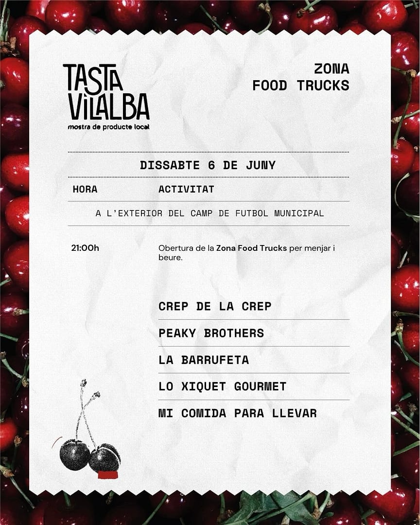 😋Una tarda de producte local, una nit de concerts... i una zona per recuperar forces entre mig.
🍔A partir de les 21:00h s’obrirà la Zona Food Trucks, l’espai perfecte per sopar, compartir una estona amb amics i agafar energia abans dels concerts.
🍽️ Hi trobaràs propostes gastronòmiques de:
• Crep de la Crep
• Peaky Brothers
• La Barrufeta
• Lo Xiquet Gourmet
• Mi Comida Para Llevar
🔝Producte, música, bon ambient i opcions per a tots els gustos en una mateixa nit.
📍 Exterior del camp de futbol municipal
📅 Dissabte 6 de juny
🕘 A partir de les 21:00h
🎶 I després... a gaudir dels concerts i de la nit del Tasta Vilalba!