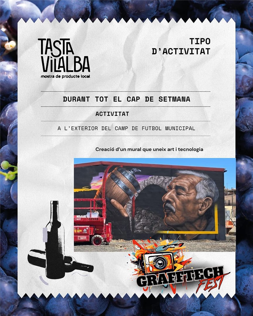 🎨🍷 El Tasta Vilalba també es viu a través de l’art.

😍 Durant tot el cap de setmana podràs veure en directe la creació d’un mural molt especial a l’exterior del camp de futbol municipal. 

🔝 Una obra que unirà art, tecnologia i territori, transformant-se a poc a poc davant dels ulls de tots els visitants.

👀 D’aquelles activitats que val la pena seguir de principi a fi per descobrir com una paret en blanc es converteix en una autèntica obra d’art.

📍 Tasta Vilalba
📅 Durant tot el cap de setmana
🎨 A càrrec de Grafftech Fest

🥰 Vine, gaudeix del producte local i descobreix com neix aquest mural únic.